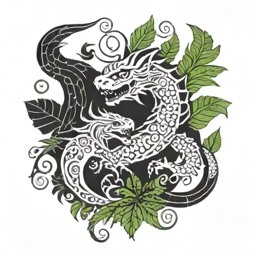 Dragon And Jaguar With Ferns And Birds