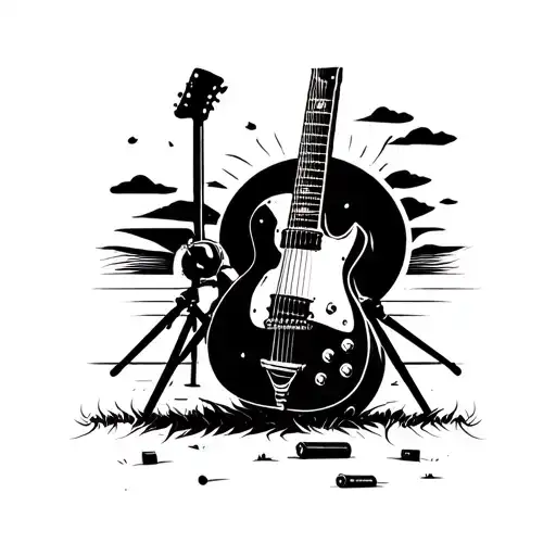 Micro Foot In The Foreground A Guitar On Its Tripod On Field And A Battery In The Background