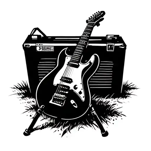 Micro Foot In The Foreground A Guitar On Its Tripod On Field And A Battery In The Background