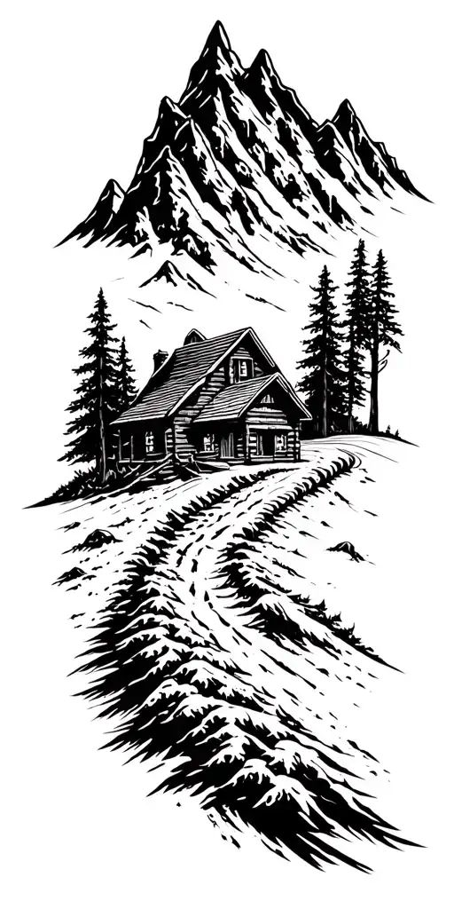 Mountain Cabin And Trail Winding Road Leading Its Pack