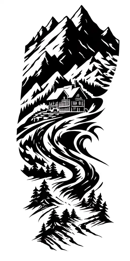 Mountain Cabin And Trail Winding Road Leading Its Pack