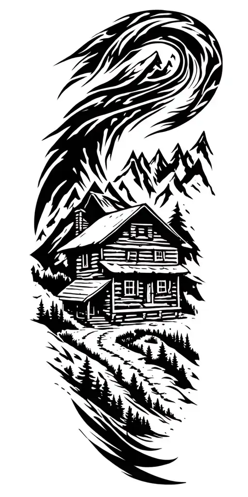 Mountain Cabin And Trail Winding Road Leading Its Pack