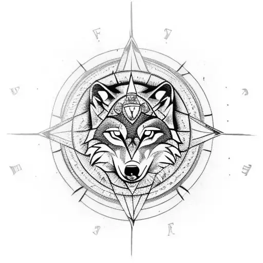 Wolf With Compass And North Star