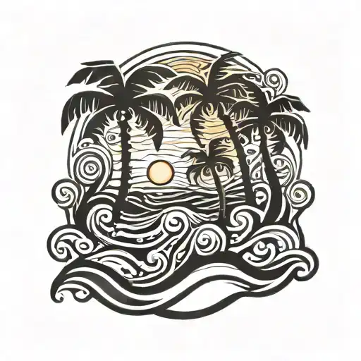 Waves And Palm Trees Sunset