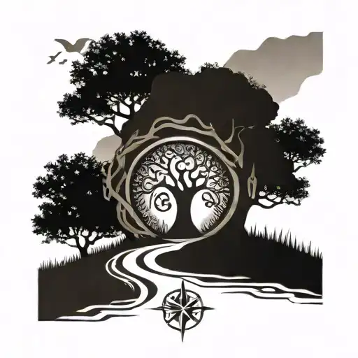 Long Stone Road Leading To House With Oak Tree Of Life With Rune Compass