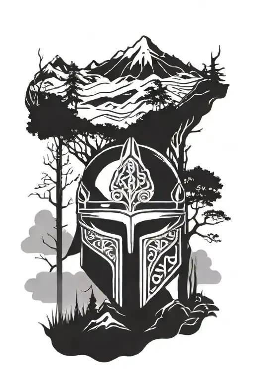 A Minimalist Design Of A Warrior Helmet Integrated With Nature Elements Like Trees And Mountains