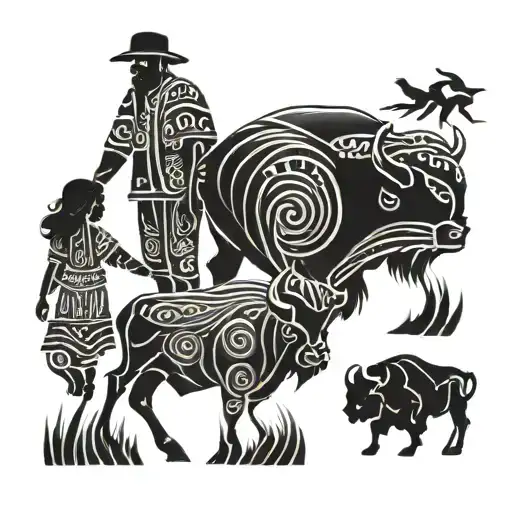 Kansas Theme With Buffalo And A Father Holding Hands With His Sons