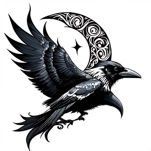 Raven And Crescent Moon