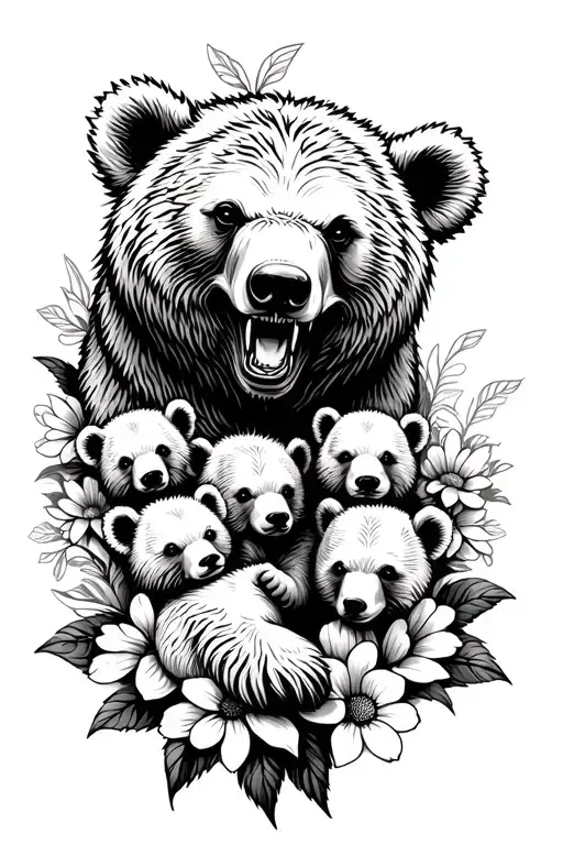 Snarling Mother Bear Head With 3 Baby Bears Playing With Flowers Around Them