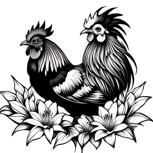 Rooster Laying In A Lily Flowers