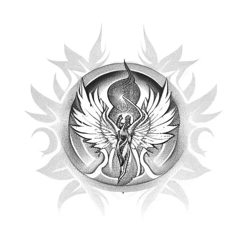 Phoenix With Two Fairys And One Elf