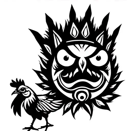 Chicken With Neutral Emotion Inside A Big Crown With Pattern Design Feathers