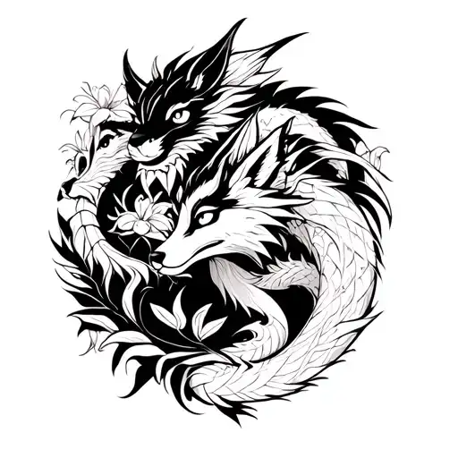 3 Ink Dragons Around A Fox With Spider Lillies
