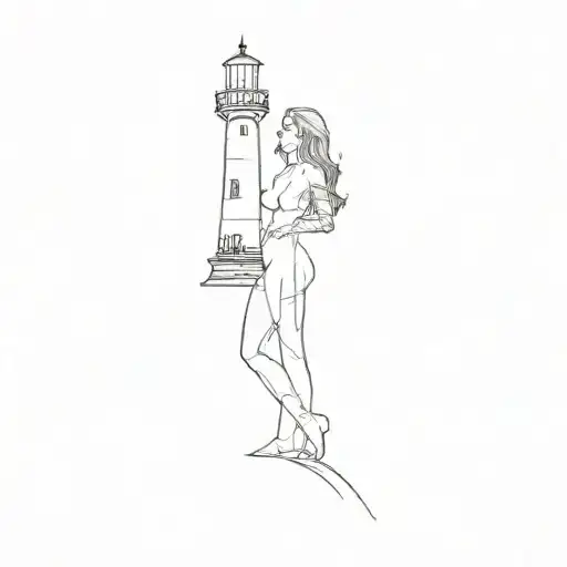 A Nude Woman Standing In Front Of A Lighthouse