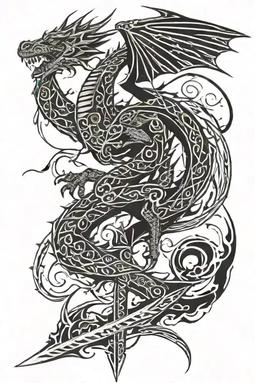 Tribal Dragon Wrapped Around A Large Winged Sword