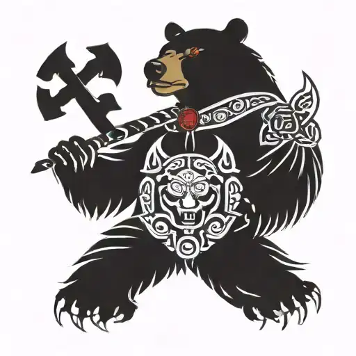 A Fierce Bear With Glowing Ruby Eyes Surrounded By Traditional Irish Symbols With Hawk