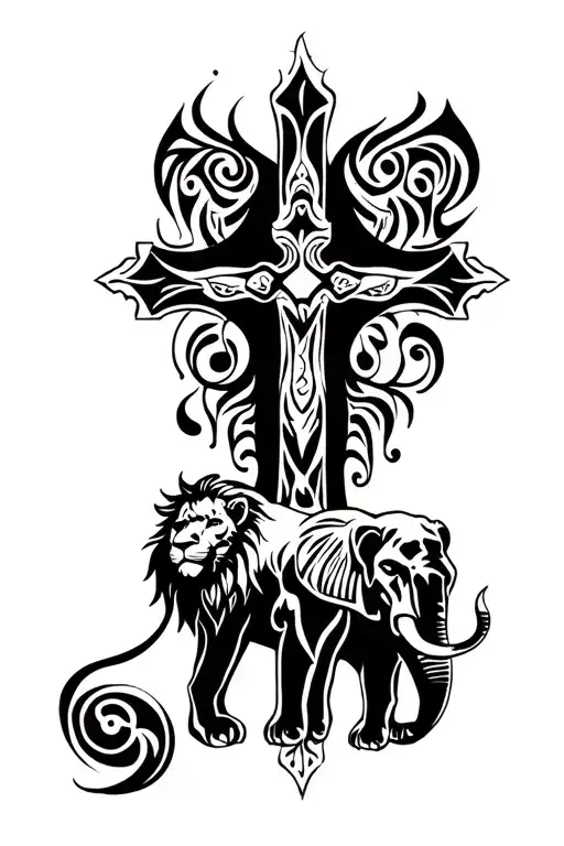 Christian Cross With Lion And Elephant