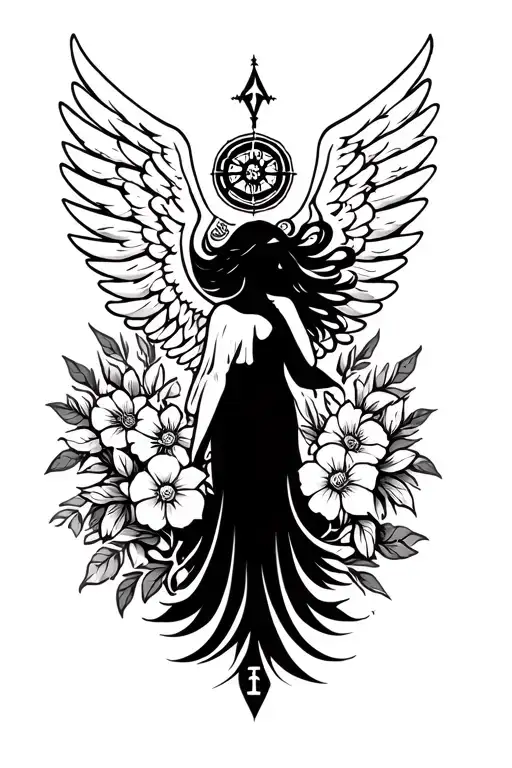 Aquarius Zodiac Symbol Incorporating Elements Of Angel Wings And Flowers