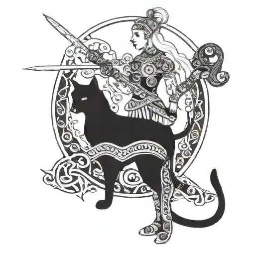 Freya Nordic Goddess With Sword In Hand And It's Two Cats In A Traditional Style