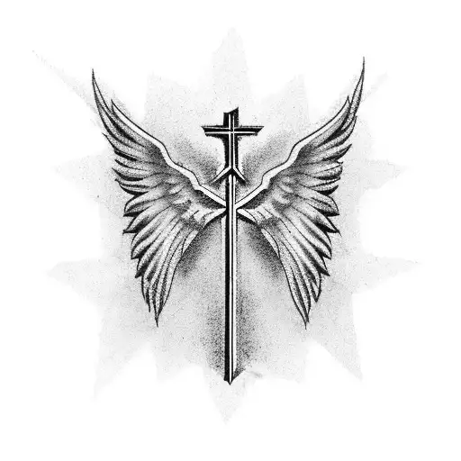 Christian Cross That Burns With Damaged Angel Wings