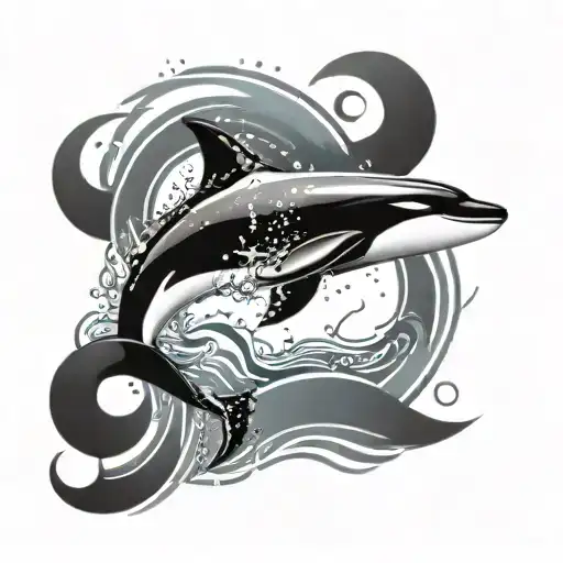 A Tribal Orca Breaches Through The Watersurface And Becomes A Watercolor Design Above