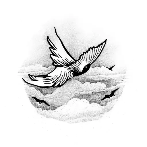 Doves Flying With A Person Fishing At A Lake In The Clouds