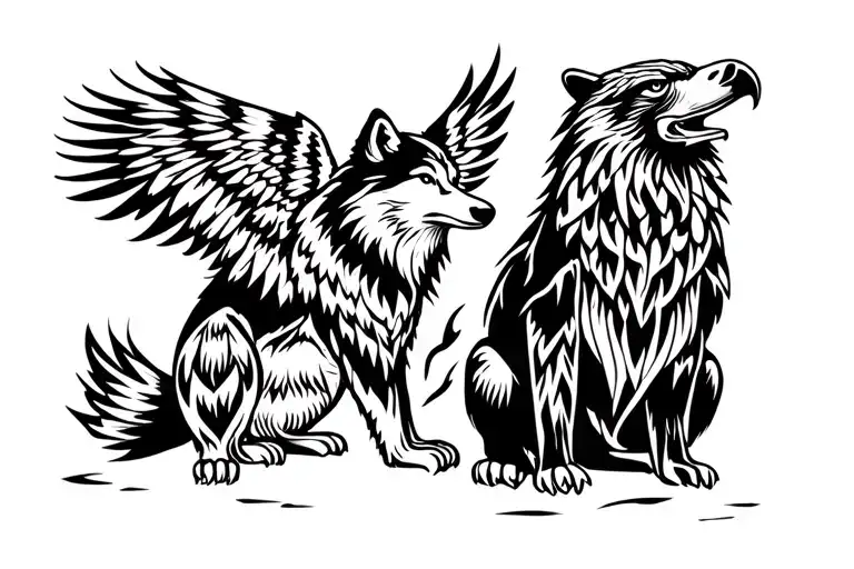Wolf Bear And Eagle Sitting