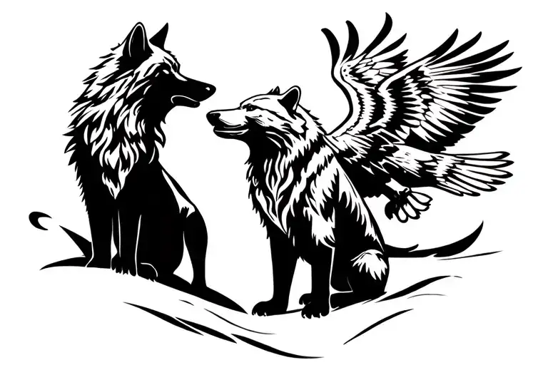 A Wolf And A Bear Sitting With An Eagle Flying Above Them