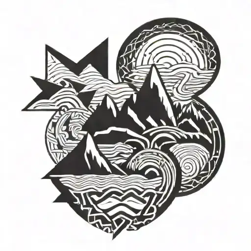 Mountain And Ocean With Geometric Design