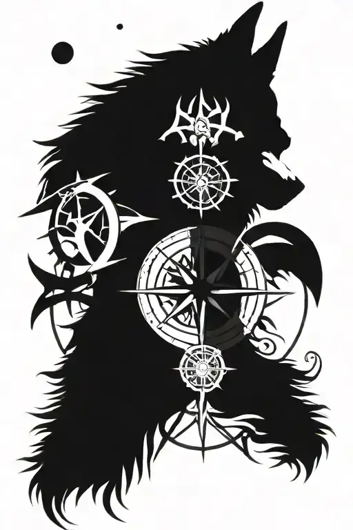 Compass Rose Above A Wolf Head Surrounded By Yddrasil