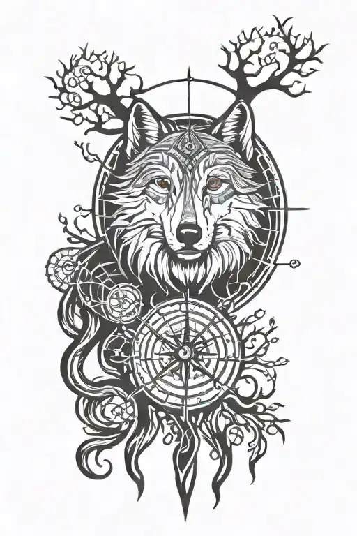 Compass Wolf Head Tree Of Life Intertwined