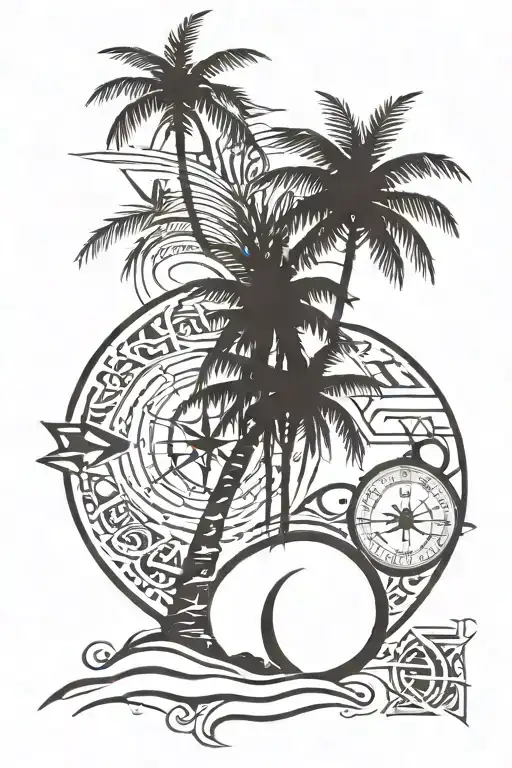 Palm Tree With A Compass At The Base Of Tree In Sand