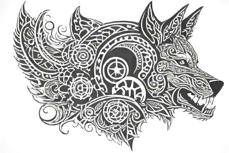 Army Helmet Adorned With Nordic Music Symbols And A Fierce Wolf Silhouette