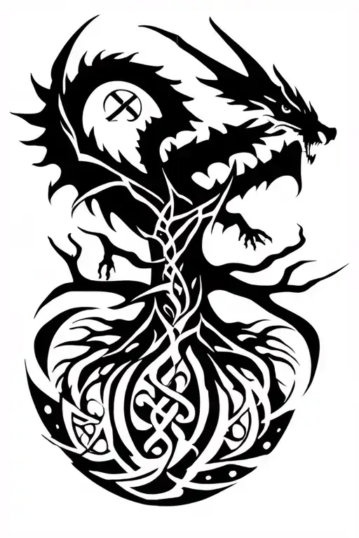 Nordic Runes With A Dragon Flying And Ygg Drasil Tree Surrounded