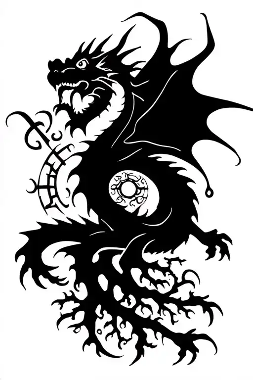 A Dragon Flying With Nordic Runes Around And Yggdrasil On The Backgound