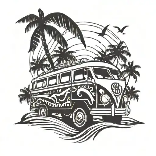Create An Image In Islander Tattoo Style With A Beach Scene And A 1995 Troop Carrier