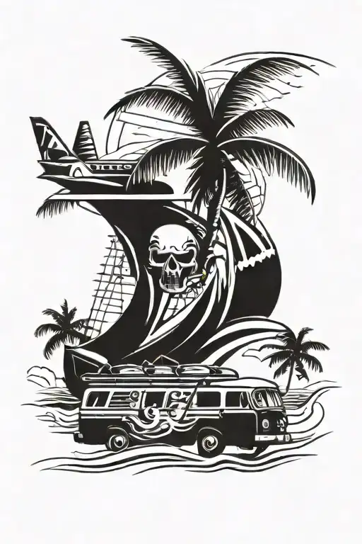 Create An Image In Islander Tattoo Style With A Beach Scene And A 1995 Troop Carrier