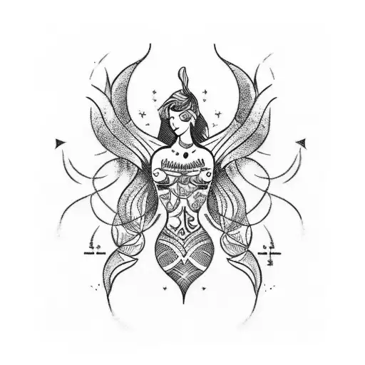 An Outline Tatto Of A Mermaid Touching Libra Costellation