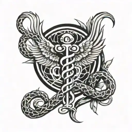 Caduceus Symbol With Fierce Snakes Enclosed By Laurel Wreath
