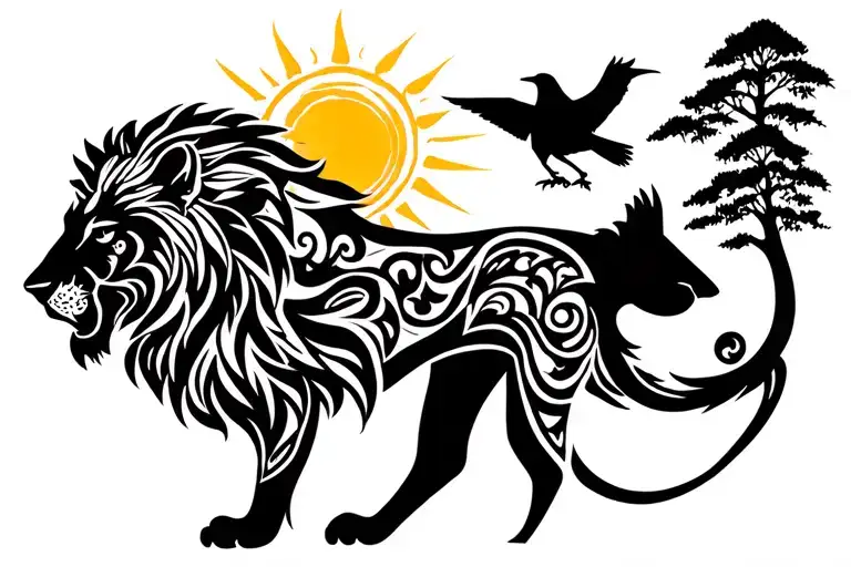 A Lion A Hyena A Crow The Sun And Trees