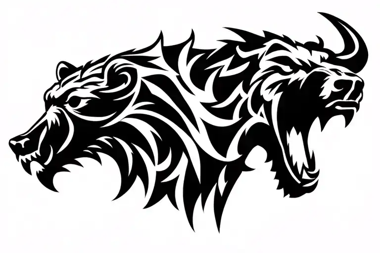 Roaring Bear Head Facing A Ramming Bull Head Sillouette