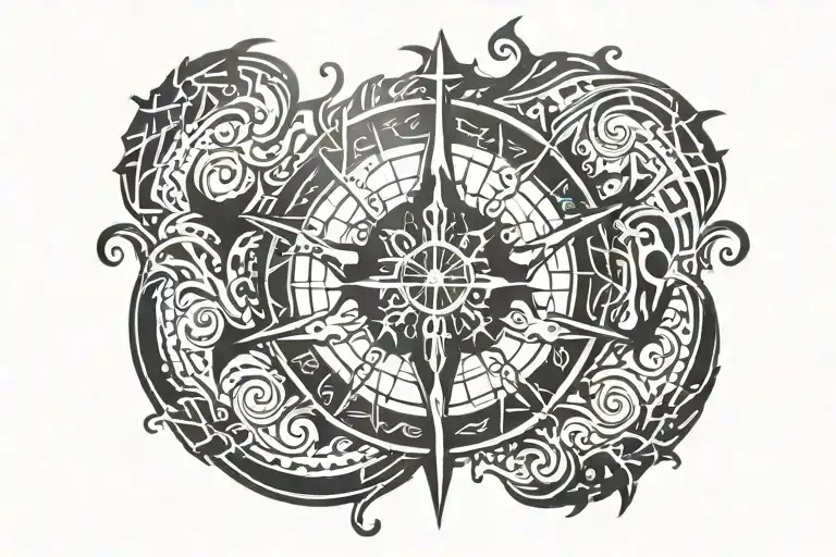 Vegvisir With Dripping Paint Black And White Only With Waves As The Background