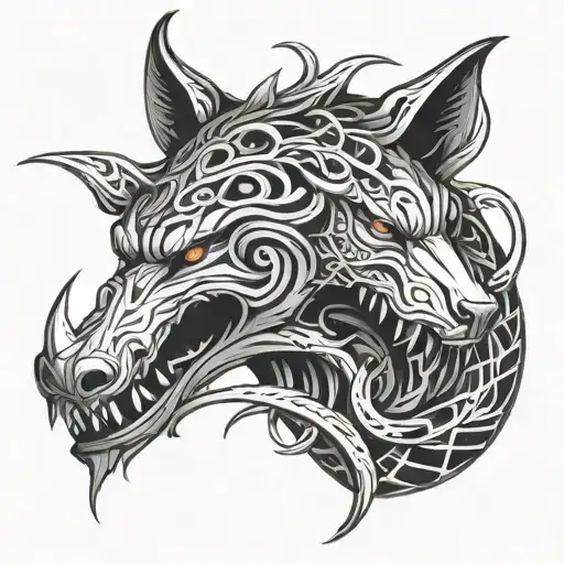 Entwined Dragon And Snake In A Wolf's Head
