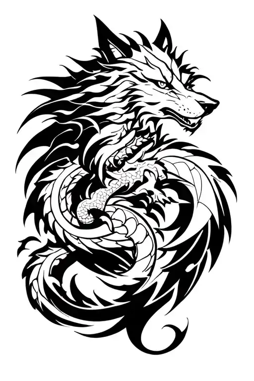 Dire Wolf And A Dragon Intertwined