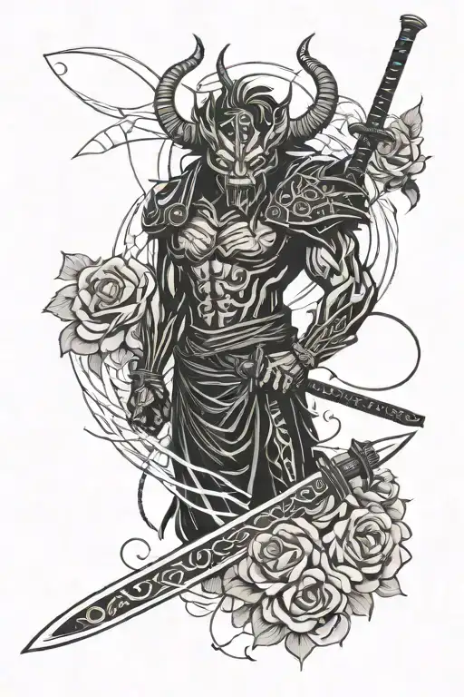 A Sketch-style Tattoo Of A Demon With A Katana Inspired By Japanese Folklore And Adorned With Roses