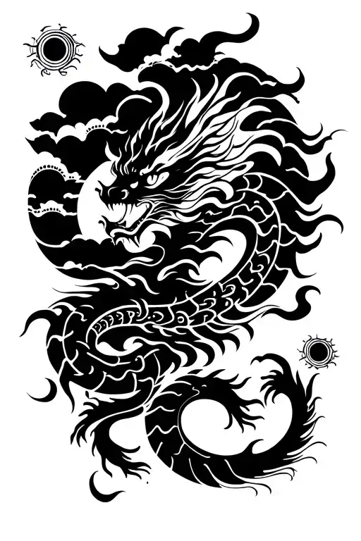 Chinese Dragon And Clouds And Sun And Water