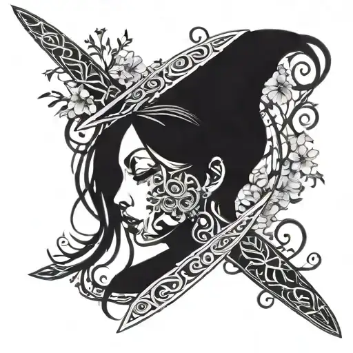 A Sword With A Woman's Face On One Side And Flowers On The Other Side Intertwined With Vines