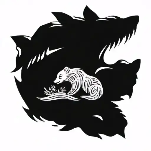 A Black And Grey Tattoo Of A Bear And Fox Sharing A Kiss Underwater
