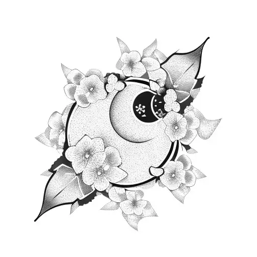 Half Moon With Cherry Blossoms And Dagger