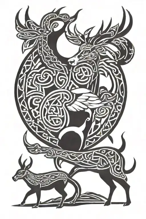 Celtic Doe With Hawk And Spear Surrounded